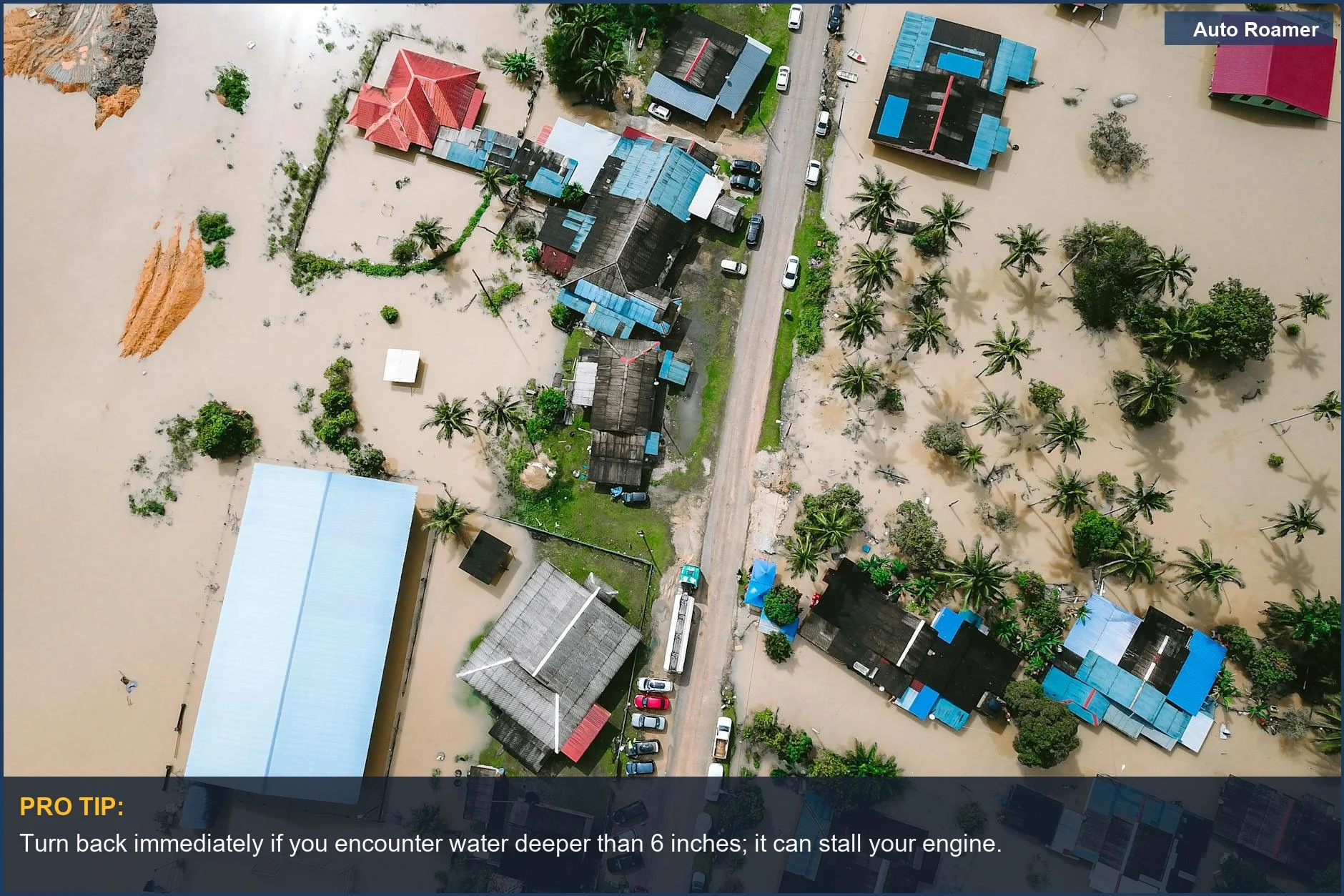 Drone view of a flooded residential area with submerged buildings, illustrating the dangers of driving through floodwaters.