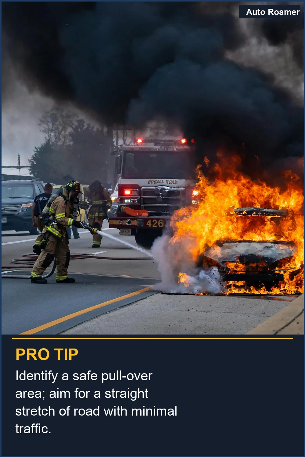 Identify a safe pull-over area; aim for a straight stretch of road with minimal traffic.