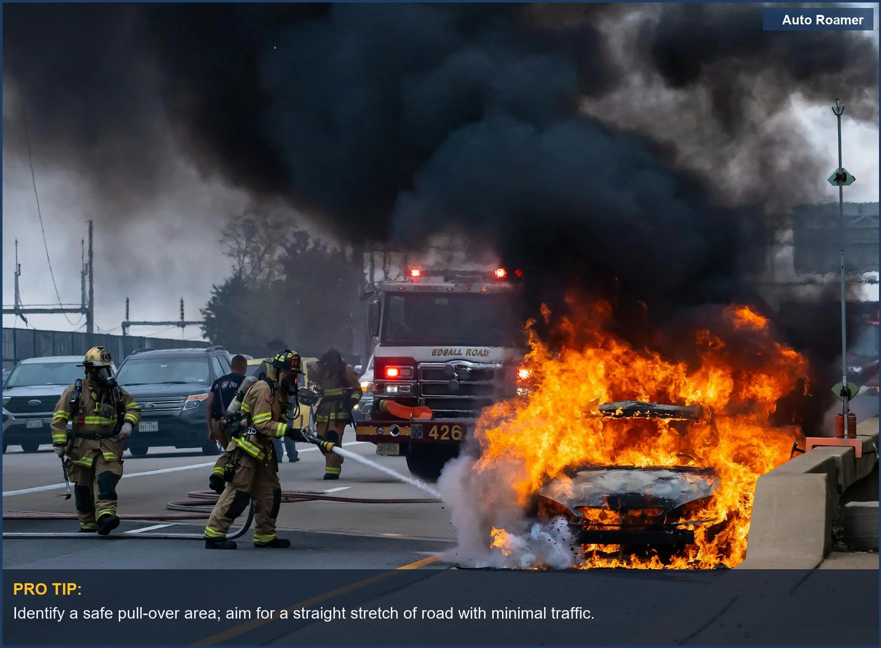 Firefighters extinguishing a burning car on a busy highway.