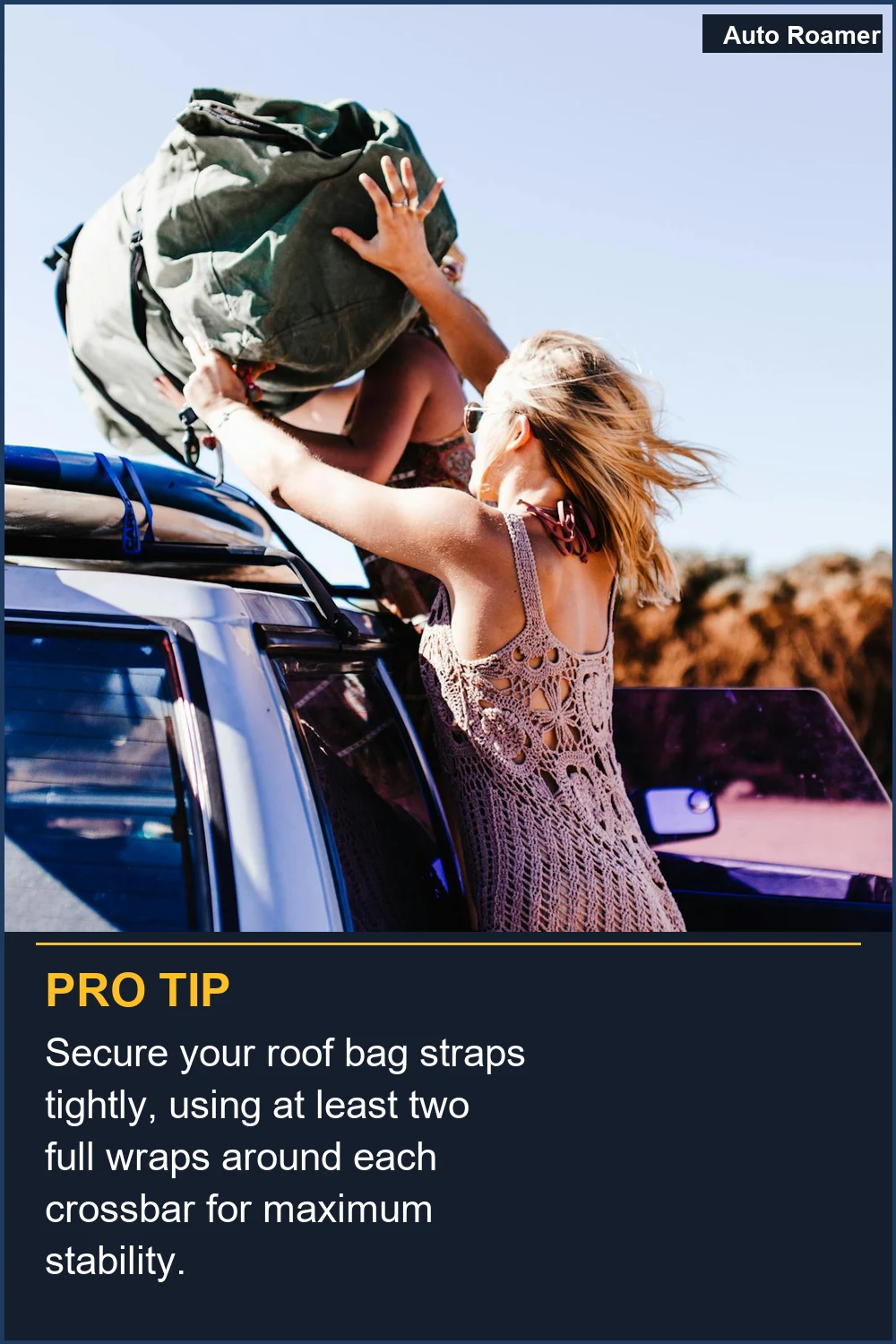 Secure your roof bag straps tightly, using at least two full wraps around each crossbar for maximum stability.