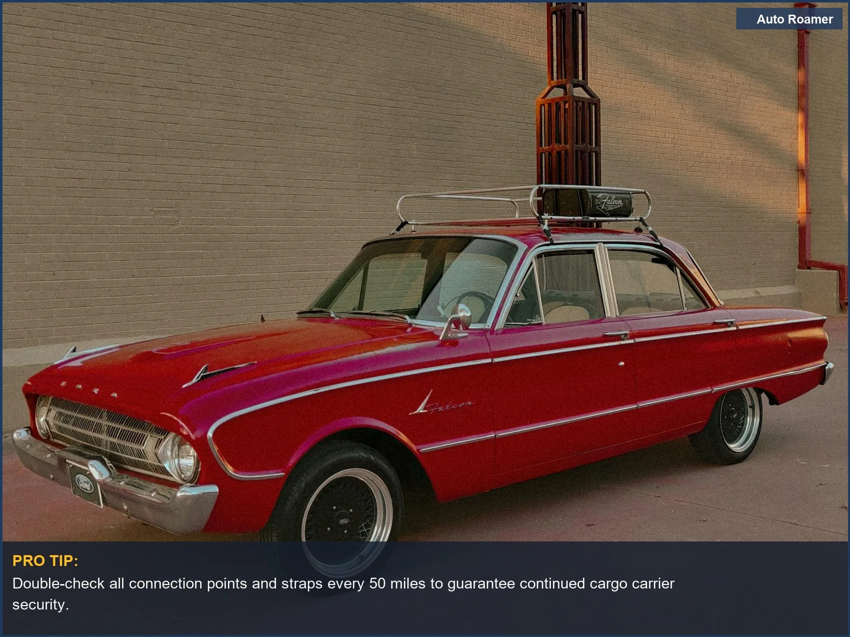 Classic red Ford sedan with roof rack parked against brick wall, ready for secure rooftop cargo basket installation.
