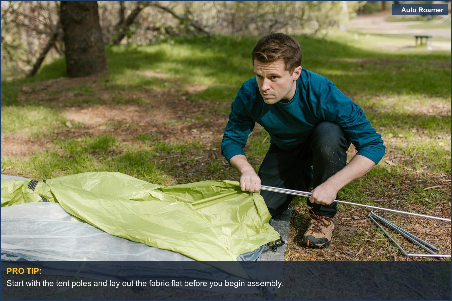 Beginner setting up a tent in a forest, learning how to set up a campsite when you have no idea.