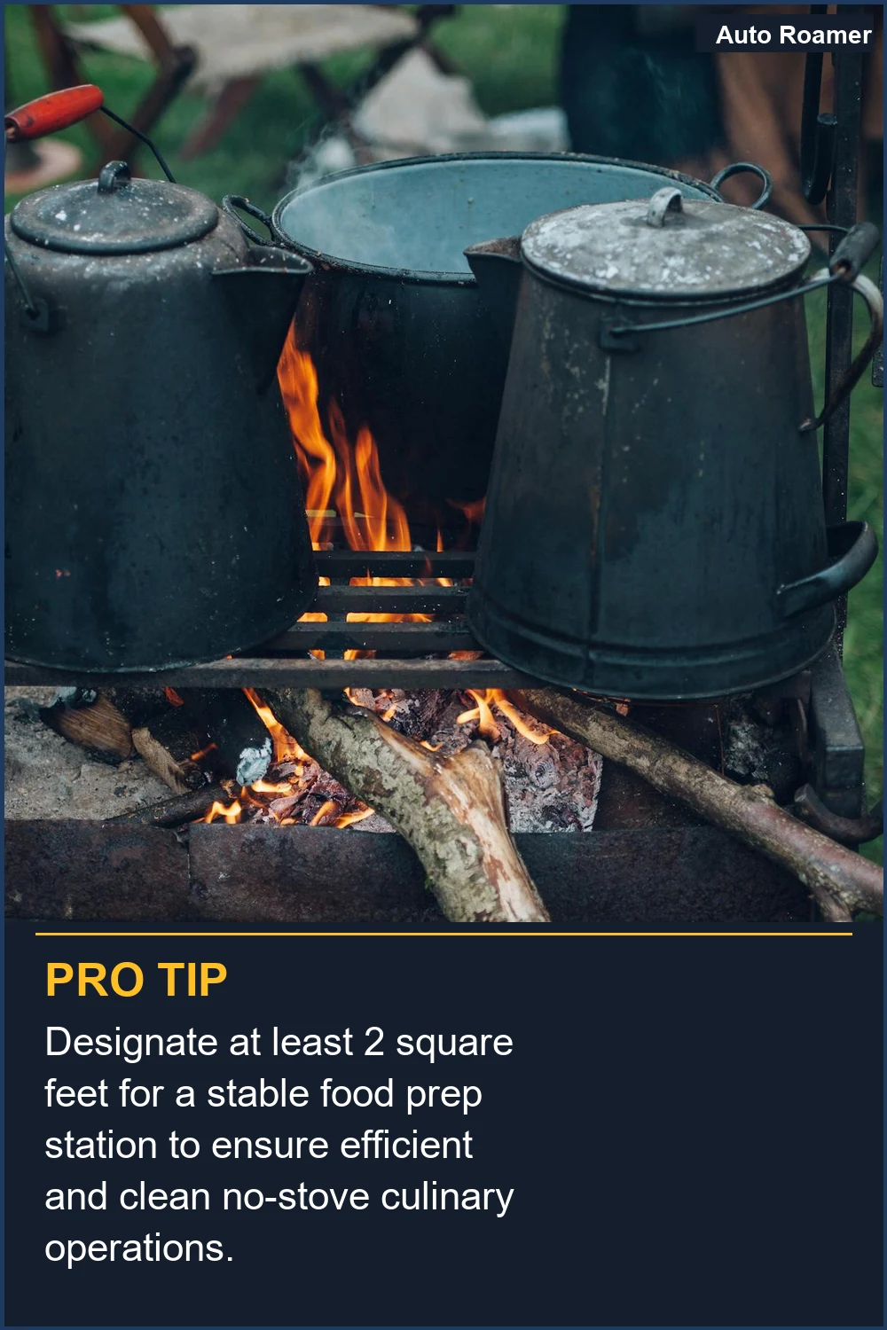 Designate at least 2 square feet for a stable food prep station to ensure efficient and clean no-stove culinary operations. 