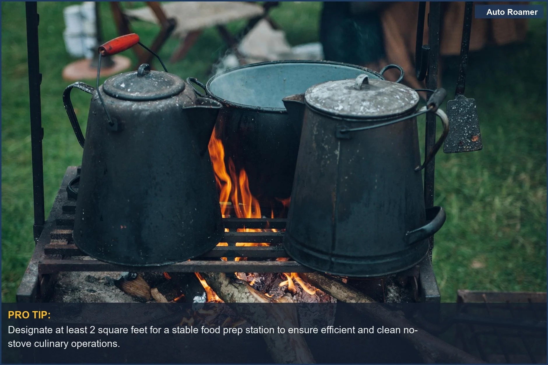 Visualize campfire cooking, an essential part of tips for a car camping kitchen without a stove, with kettles over fire. 