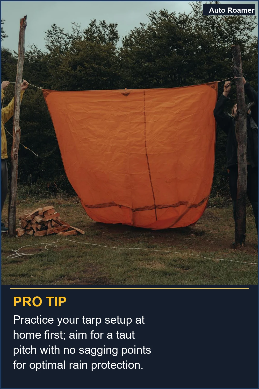 Practice your tarp setup at home first; aim for a taut pitch with no sagging points for optimal rain protection.