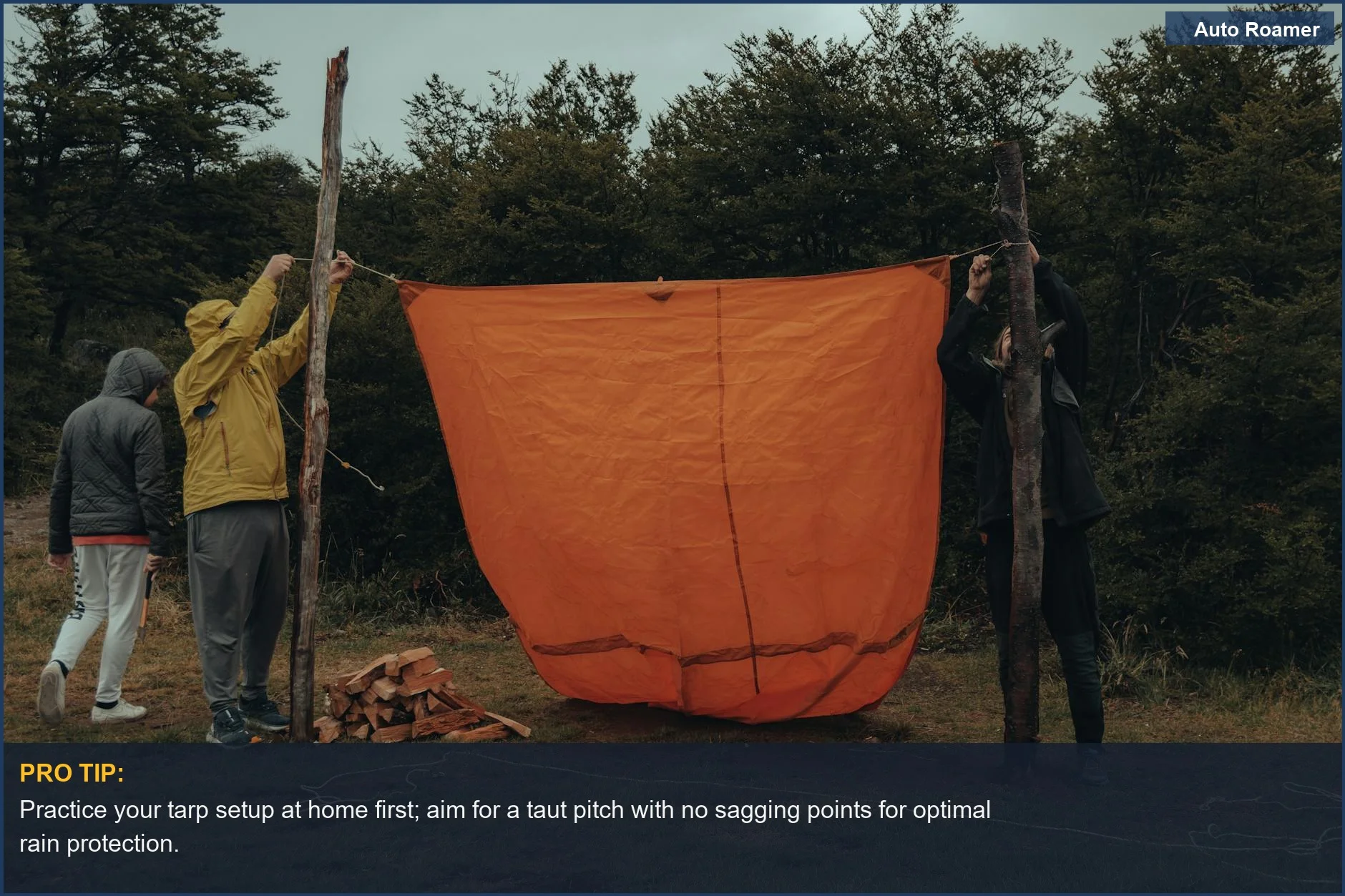 Group of people rigging an orange tarp for camping, highlighting a practical rain protection solution.