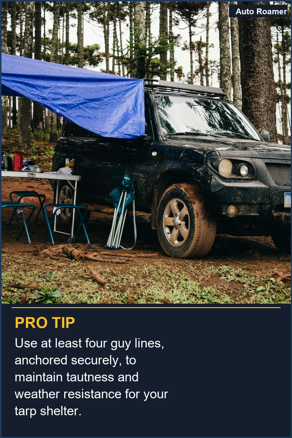 Use at least four guy lines, anchored securely, to maintain tautness and weather resistance for your tarp shelter.