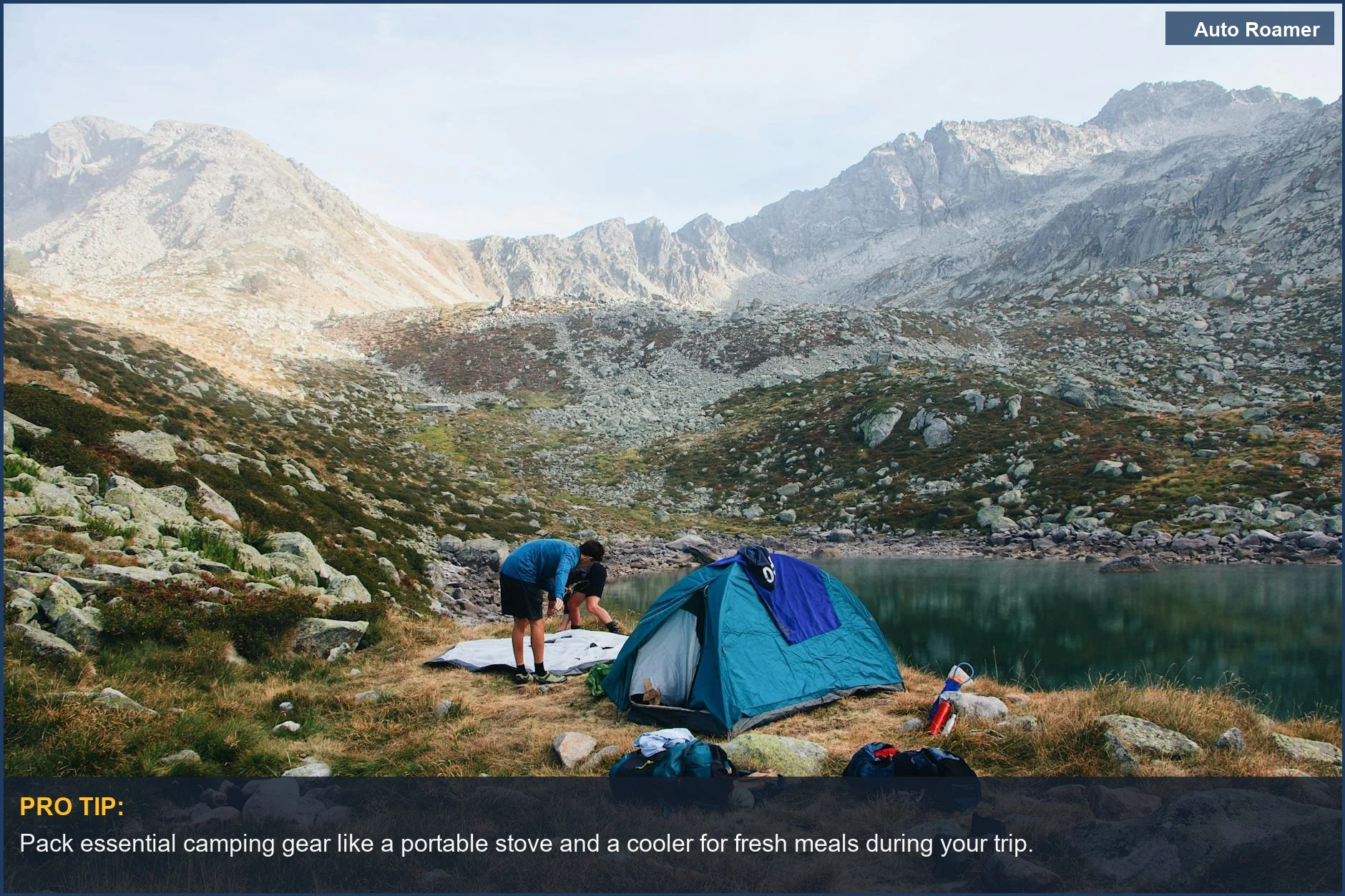 Scenic lake camping in Barèges, France, with a car parked nearby for easy access.