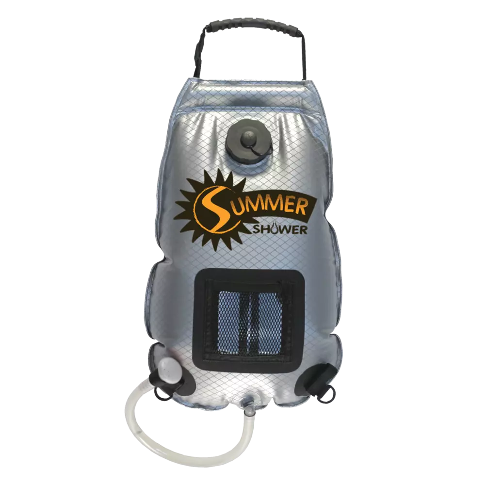 a silver Advanced Elements Summer Shower solar bag with a black fill cap, hose, and temperature window