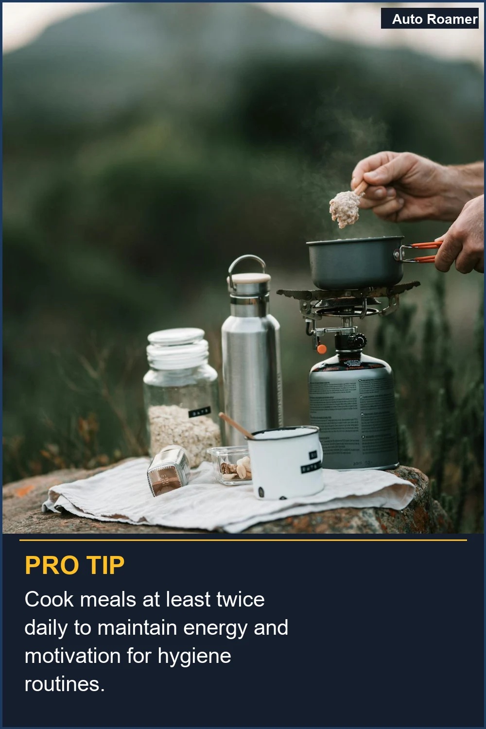 Cook meals at least twice daily to maintain energy and motivation for hygiene routines.