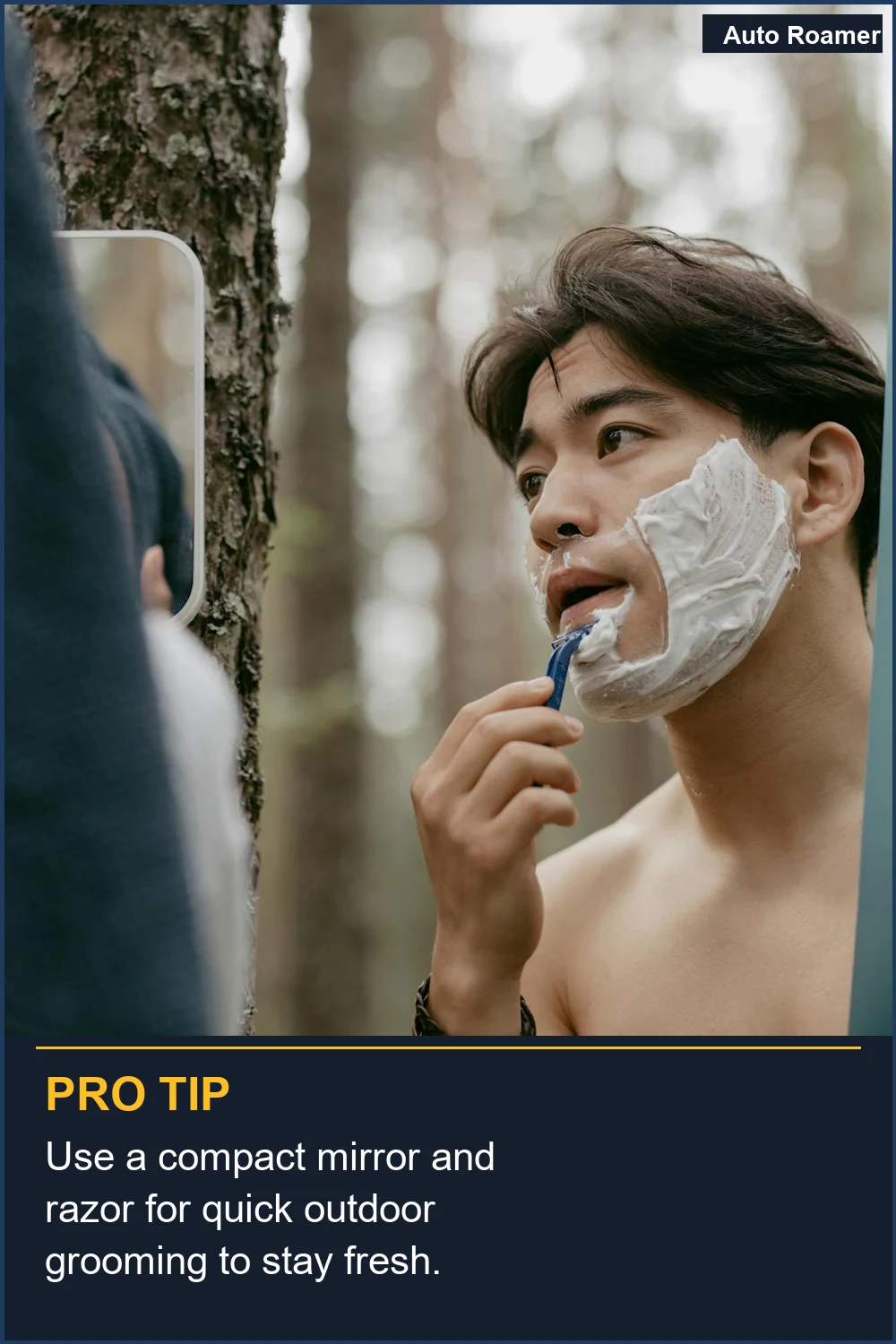 Use a compact mirror and razor for quick outdoor grooming to stay fresh.