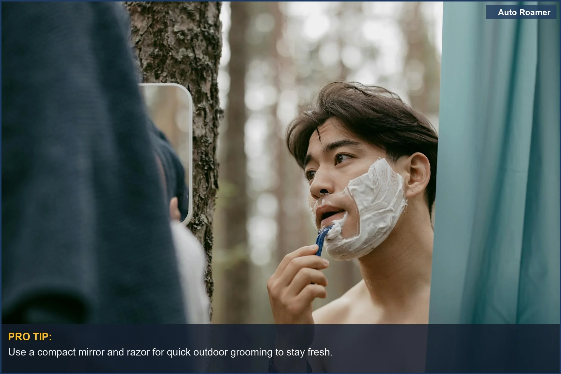 Asian man shaving outdoors while car camping, emphasizing personal hygiene.