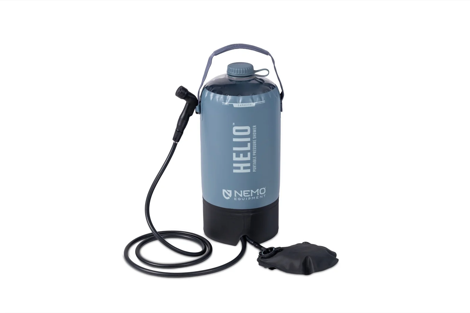 a blue-gray NEMO Helio portable pressure shower with its black foot pump and hose