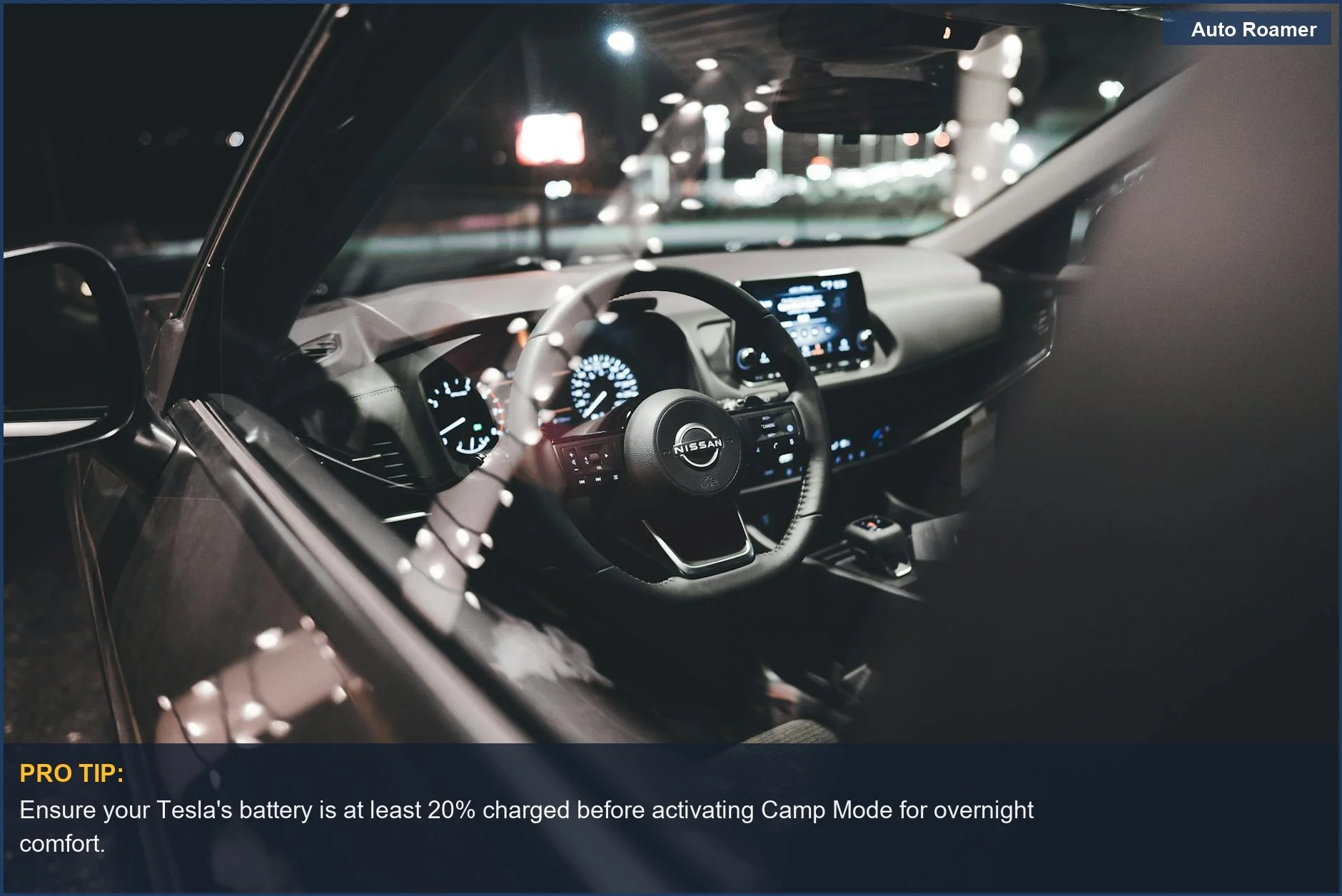 Tesla Model 3 interior dashboard and steering wheel illuminated at night, perfect for sleeping.