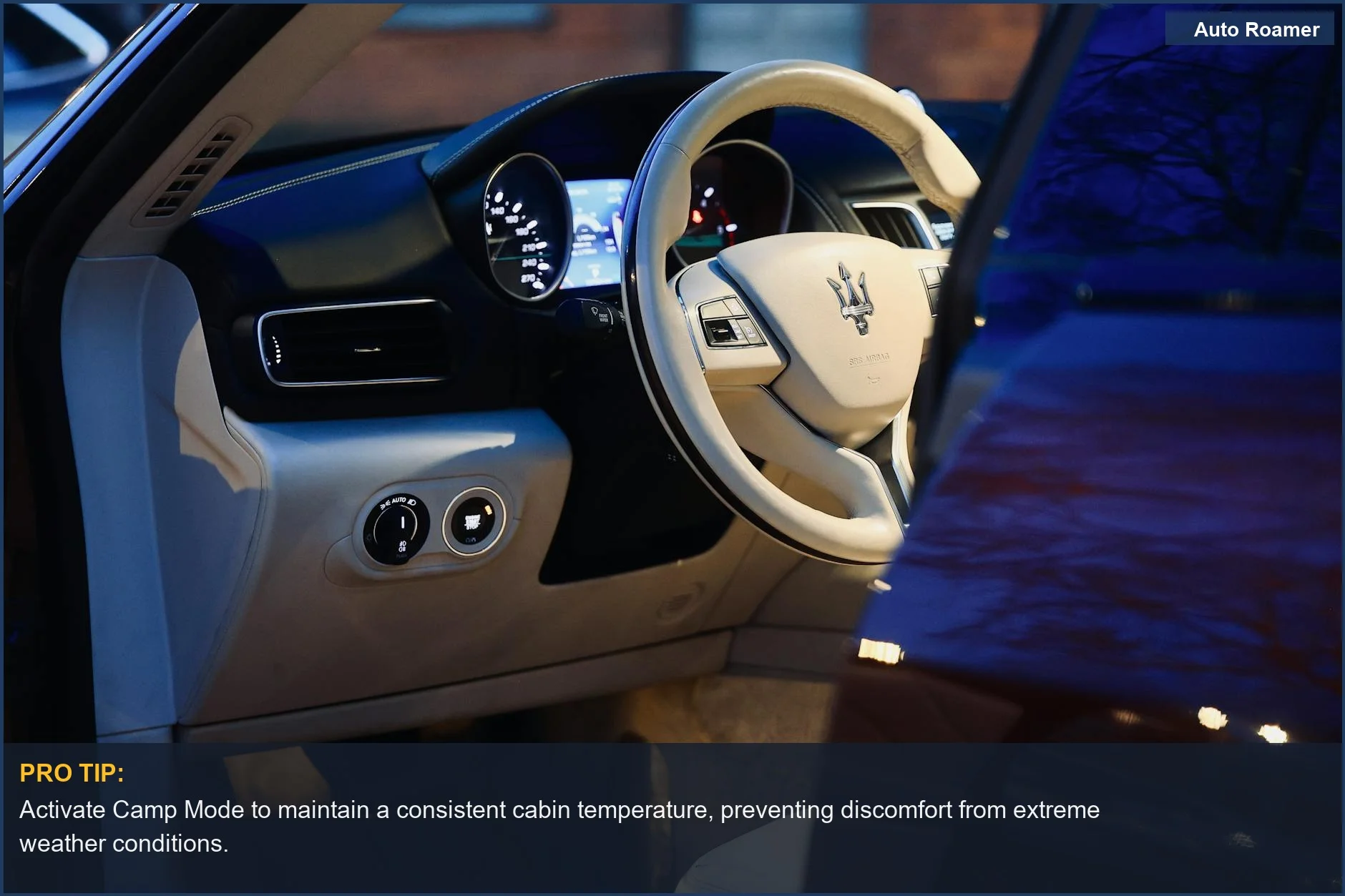 Elegant Tesla Model 3 interior with illuminated steering wheel at dusk, showcasing modern car sleeping comfort.