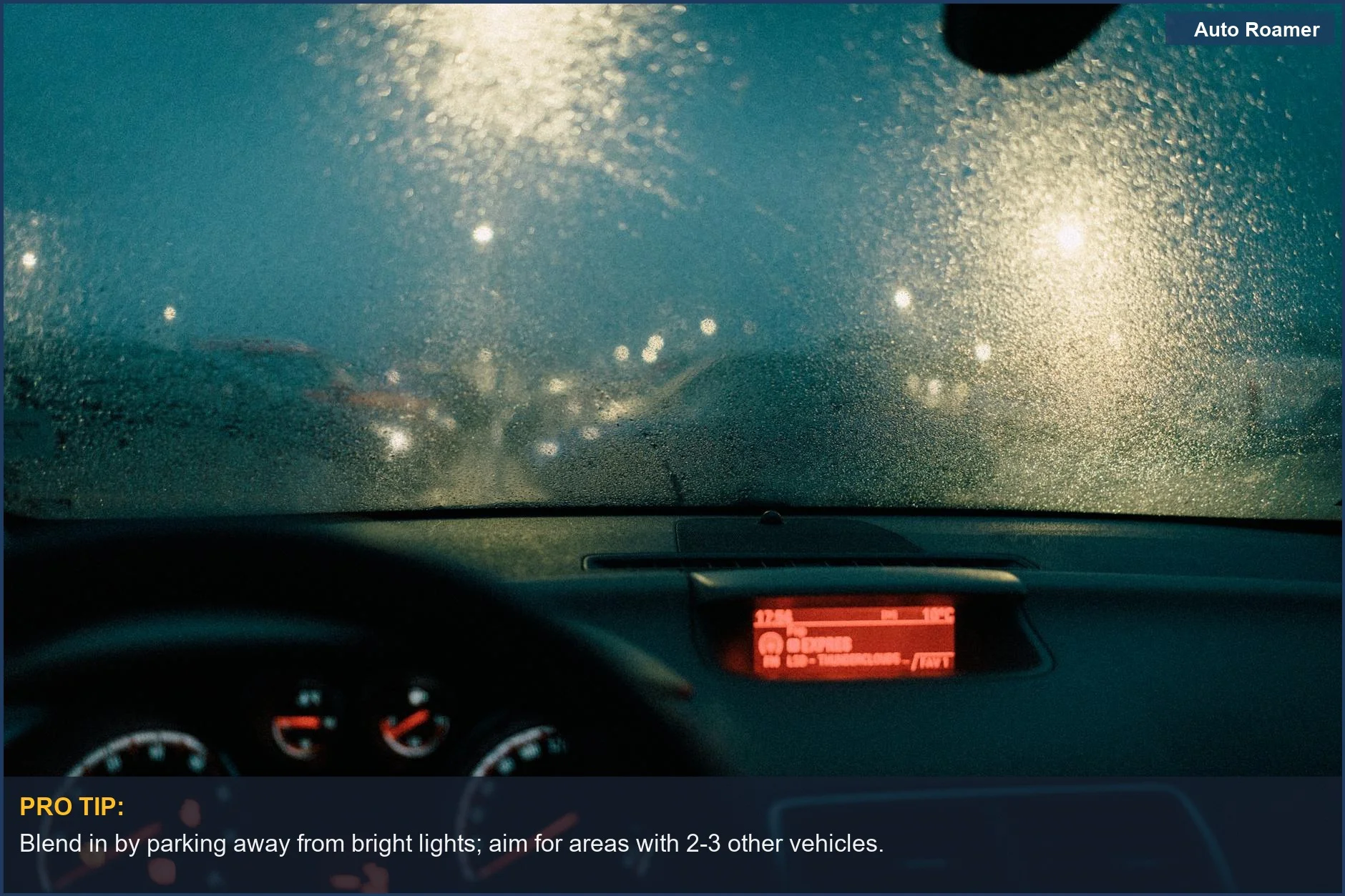 Raindrops on car windshield at night, offering a blurred view of streetlights for safe car sleeping.