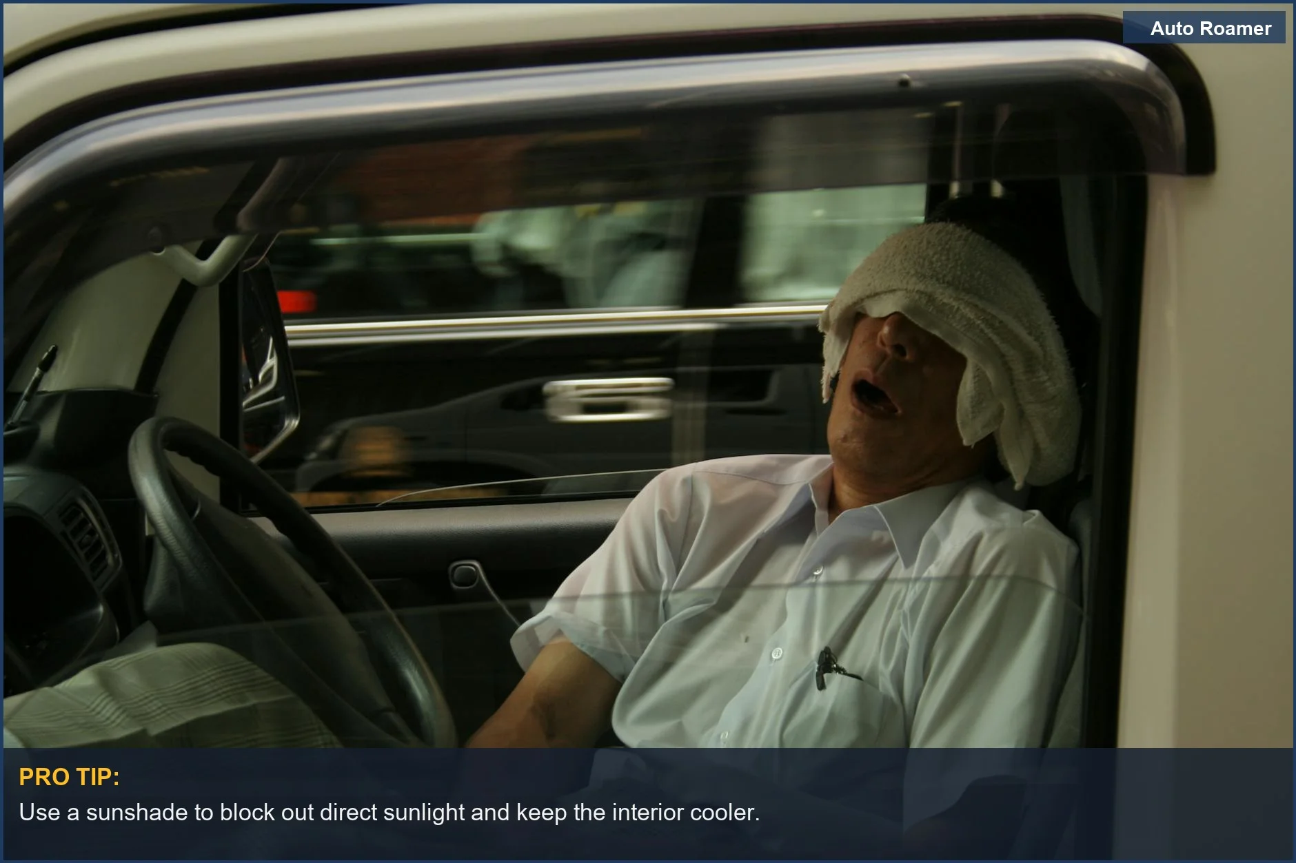 A man taking a cool nap in his car with a towel over his eyes amidst the busy streets of Tokyo.