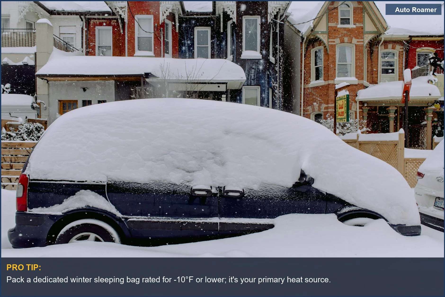 A van partially buried in fresh falling snow on a quiet street--essential for stay warm car camping winter preparation.