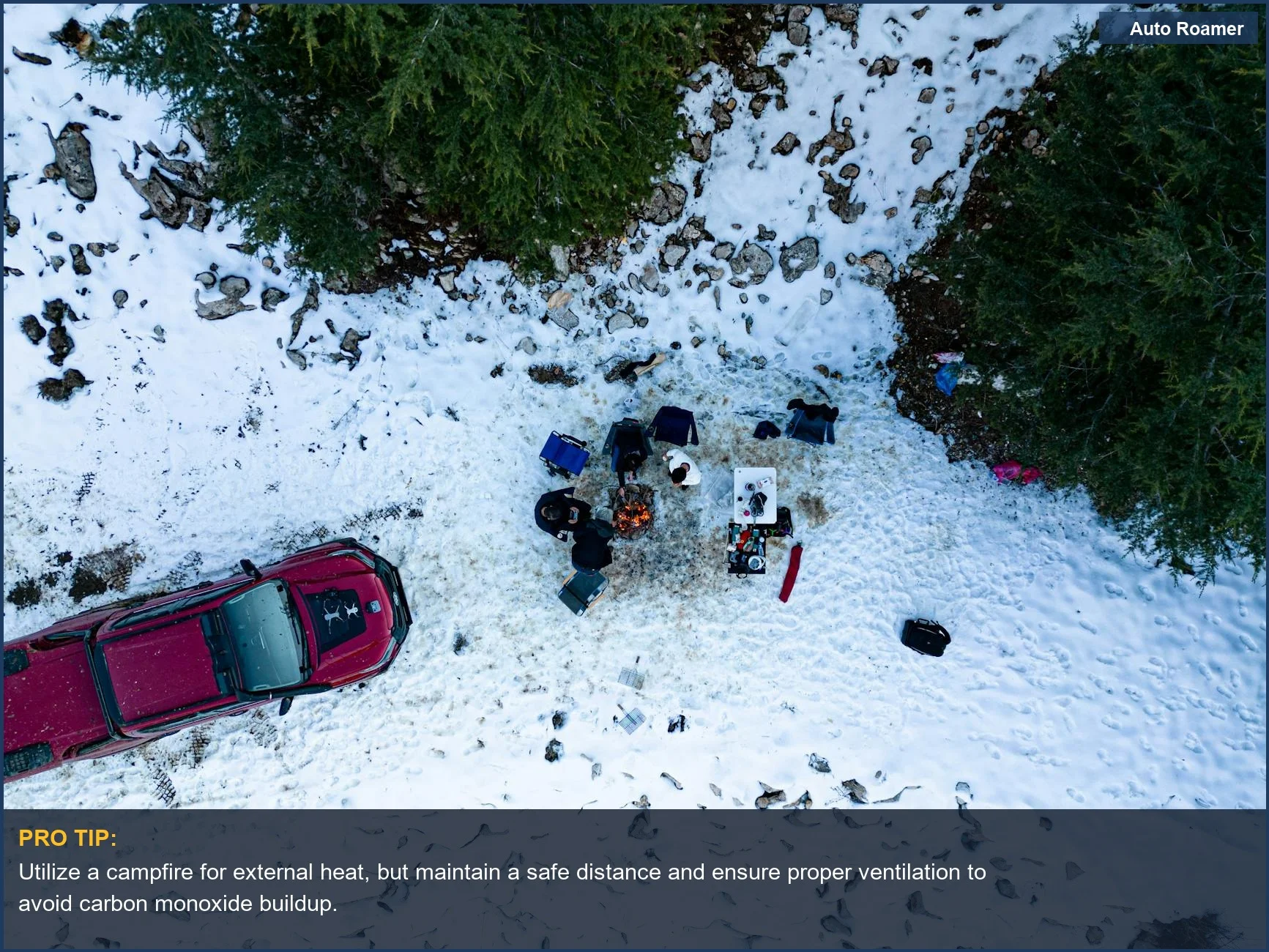 Aerial view of people car camping in a snowy forest with a campfire and vehicle, learning to stay warm car camping.