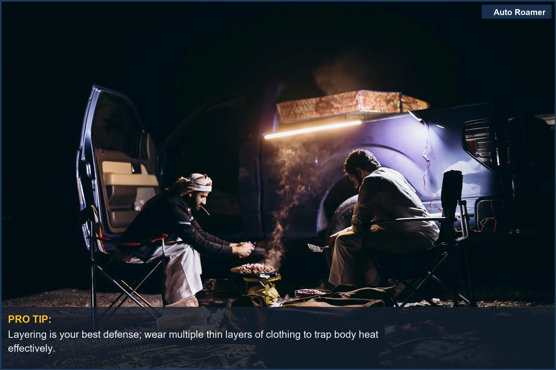 Two men camping and cooking beside a vehicle in a serene wilderness setting, demonstrating car camping warmth solutions.