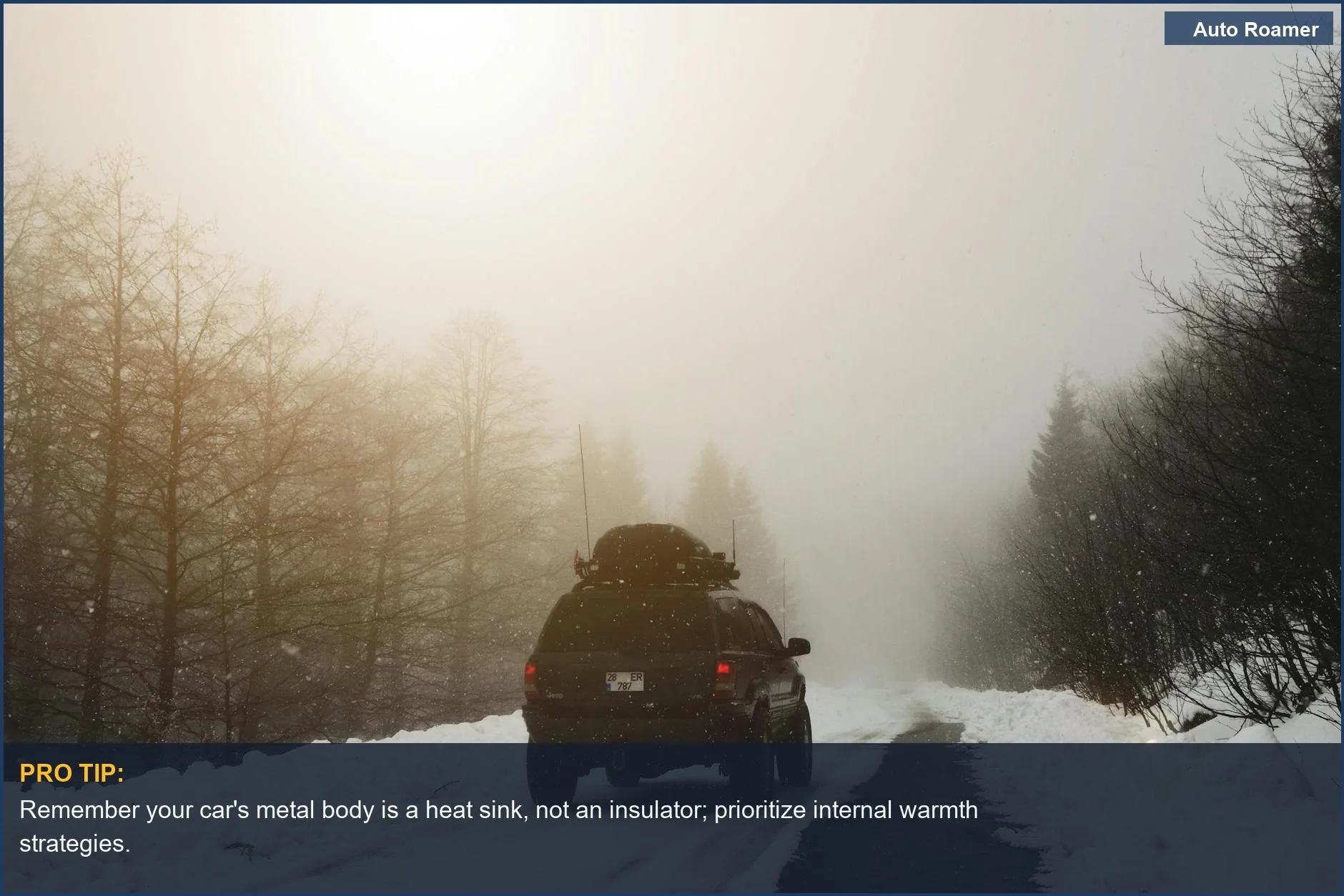 Winter car camping SUV driving on snowy road through foggy forest, essential for staying warm car camping without a heater.