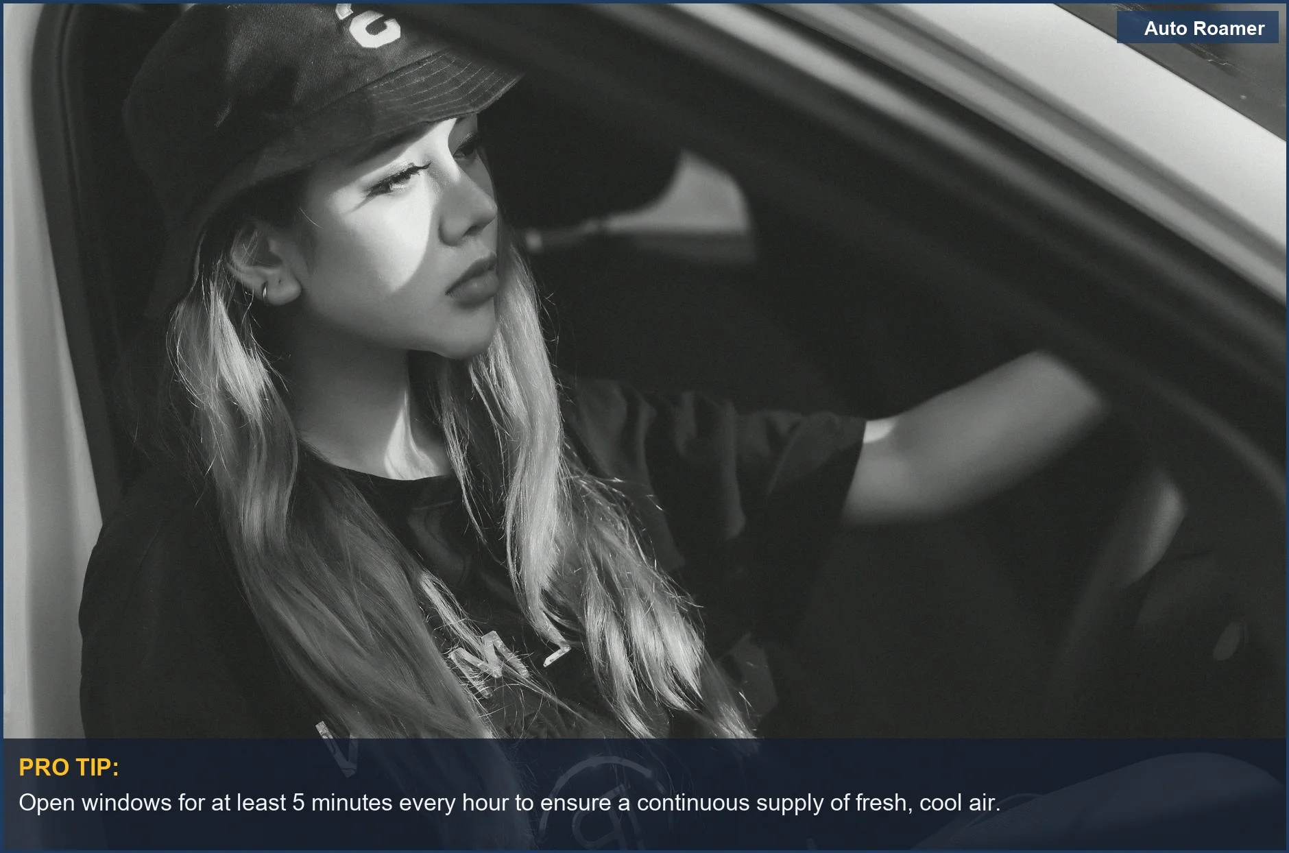 A black and white photo of a thoughtful woman inside a car, considering remedies for motion sickness on winding mountain roads.