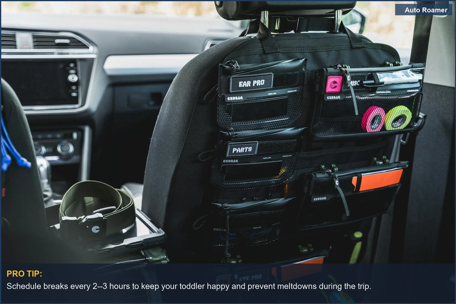 Car seat back organizer with pockets, perfect for toddler road trip essentials.