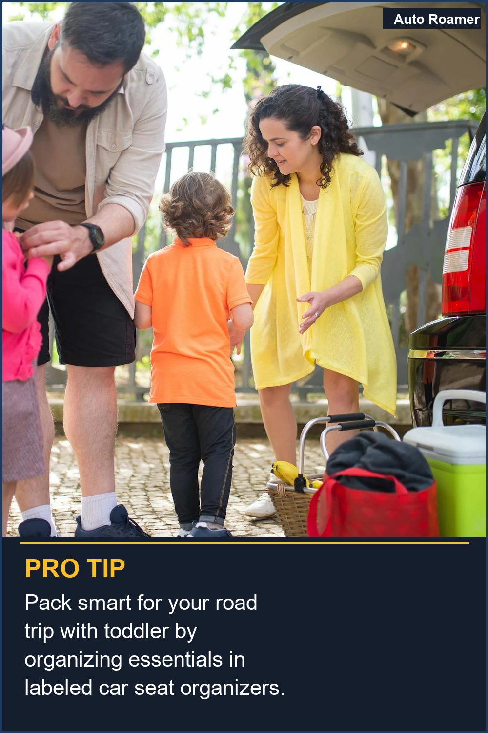 Pack smart for your road trip with toddler by organizing essentials in labeled car seat organizers.