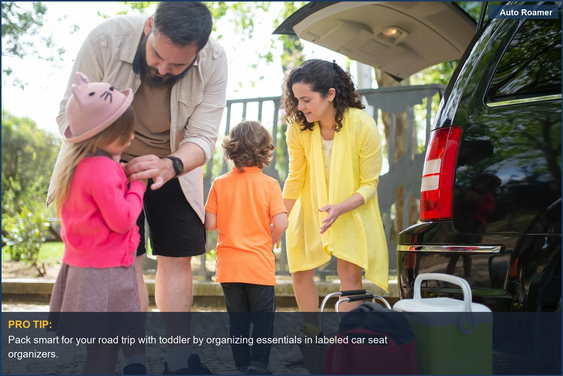 Family packing car for a sunny Portugal road trip with toddler fun.