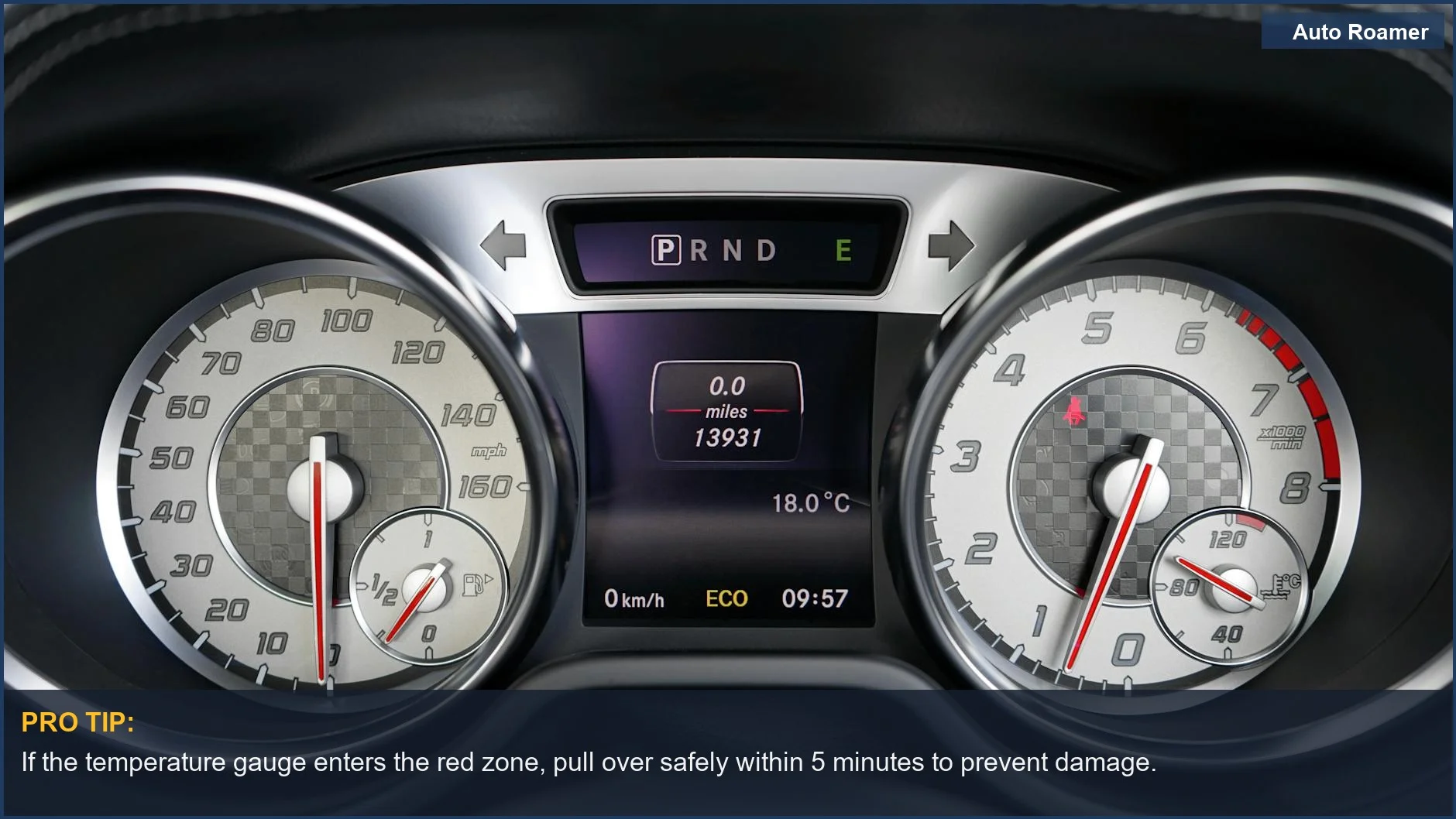 Detailed car dashboard view featuring speedometer and temperature gauge, essential for identifying car overheating signs.