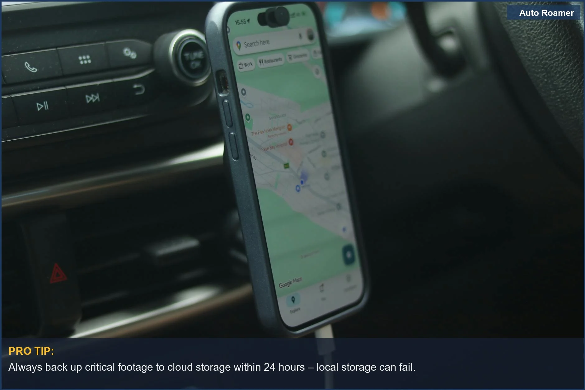 Featuring a smartphone with a map app inside a car, illustrating how to safely access dashcam files on your phone while driving.