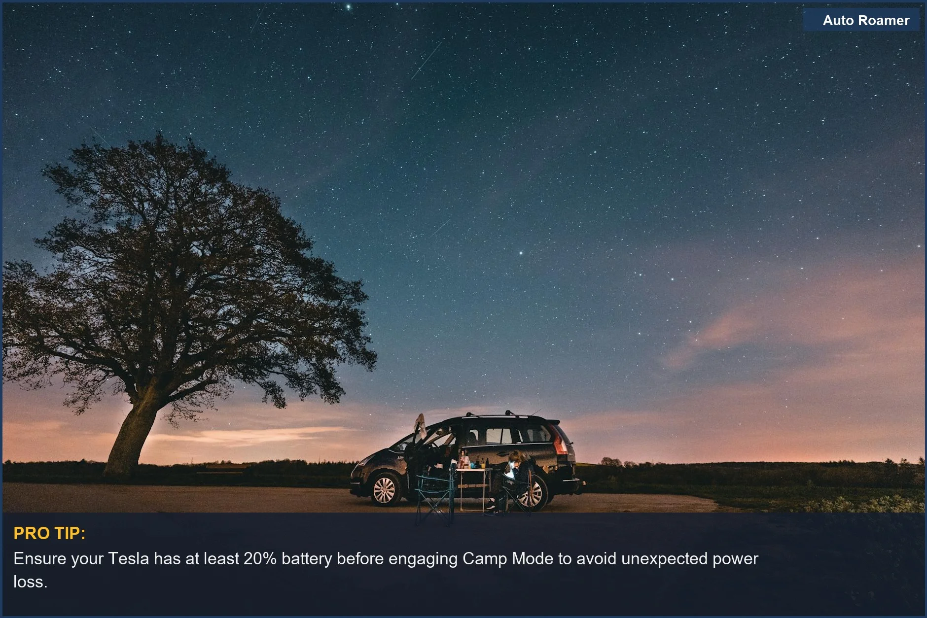 Serene night camping scene with a black Tesla SUV, perfect for understanding how to use Tesla's Camp Mode feature.