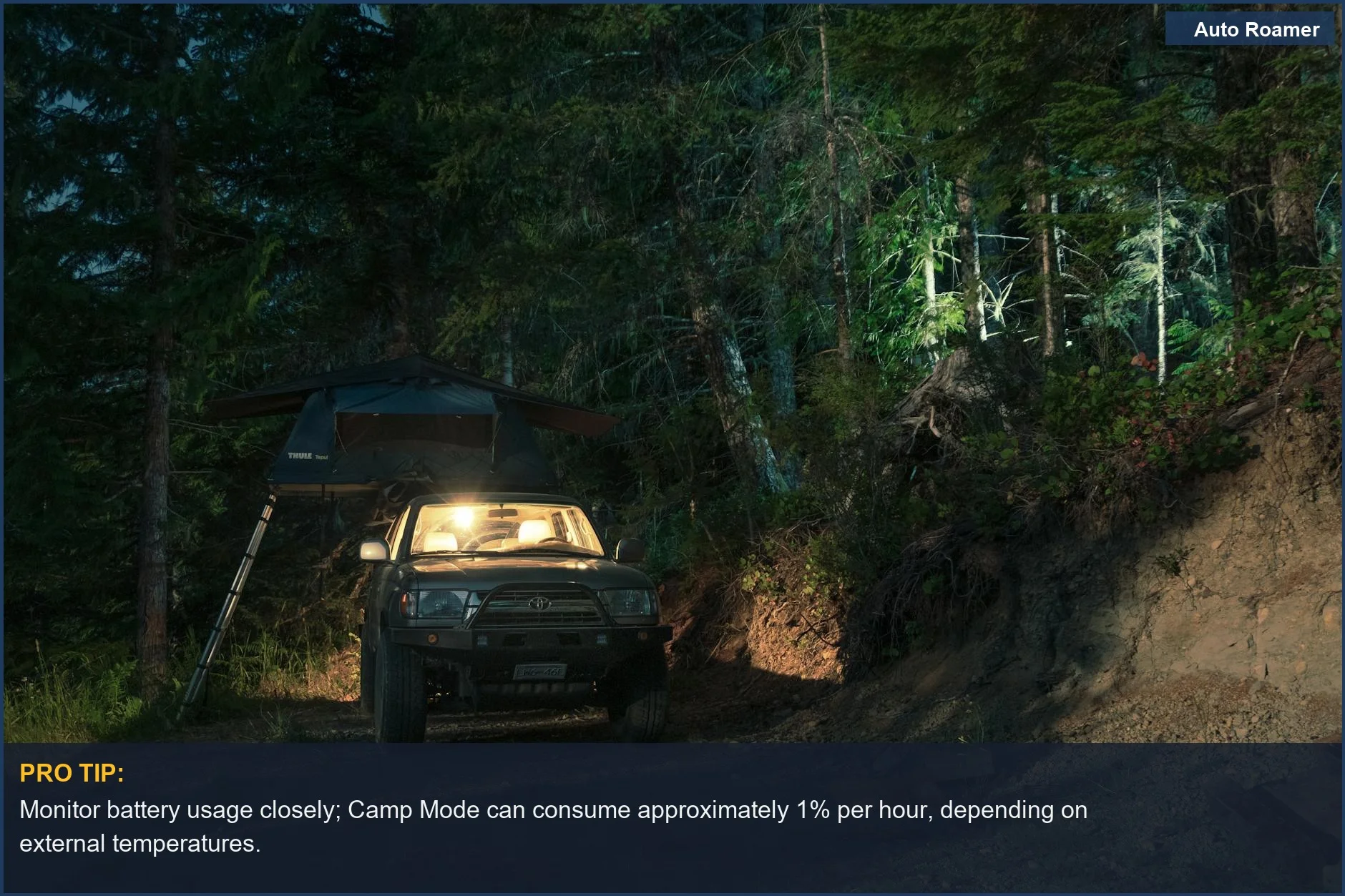 SUV with rooftop tent in a dimly lit forest campsite, showcasing Tesla Camp Mode for winter adventures.