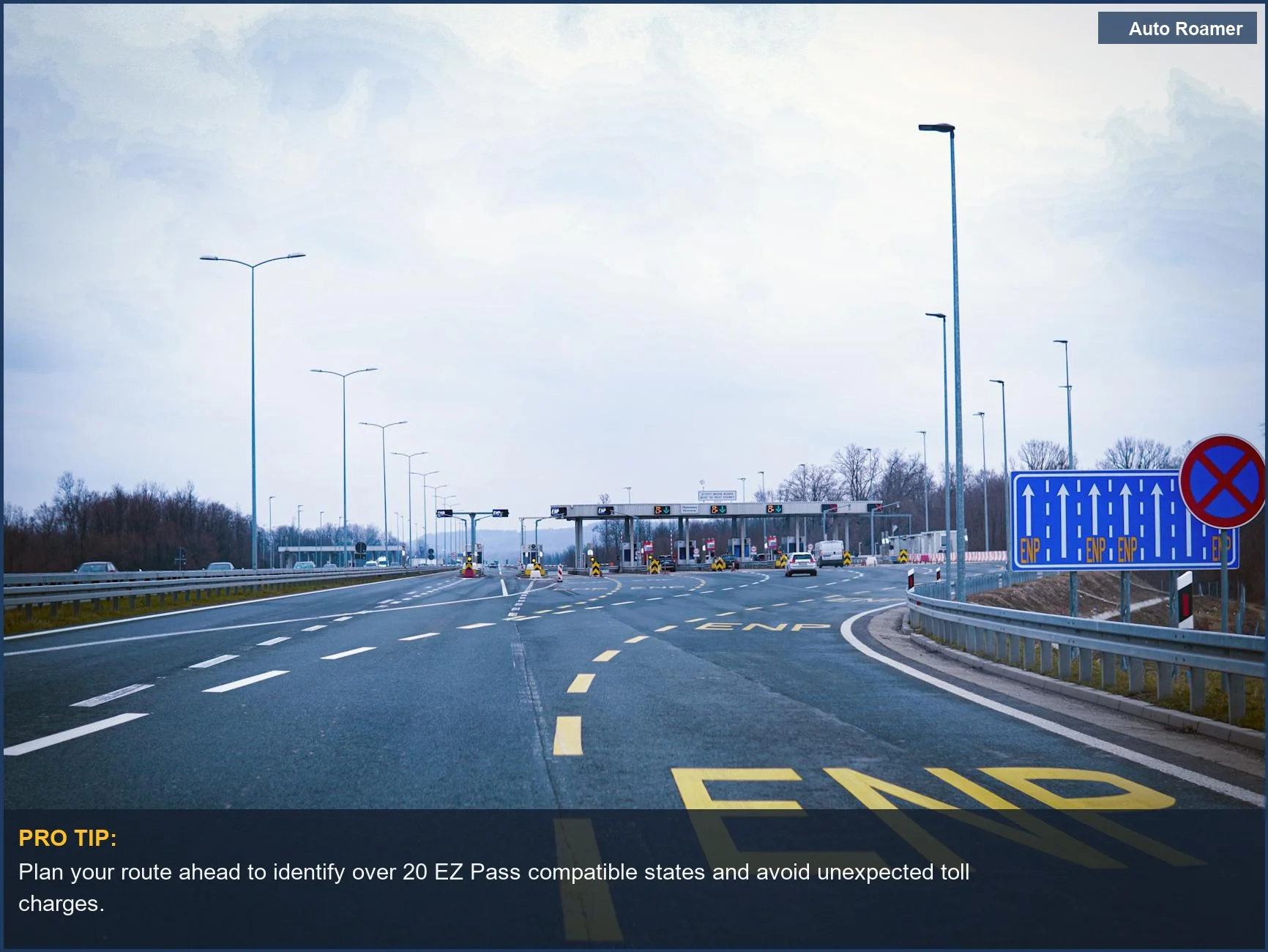Wide highway leading to a cloudy toll plaza, featuring EZ Pass compatible states signs for road trip planning.