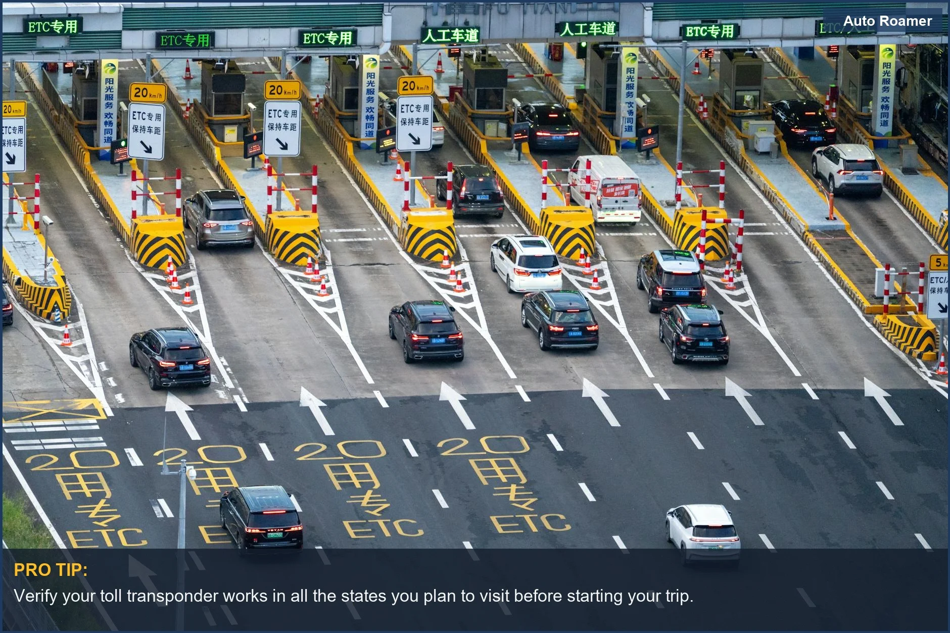 Overhead busy toll plaza with ETC lanes, crucial for understanding toll transponder which states work.