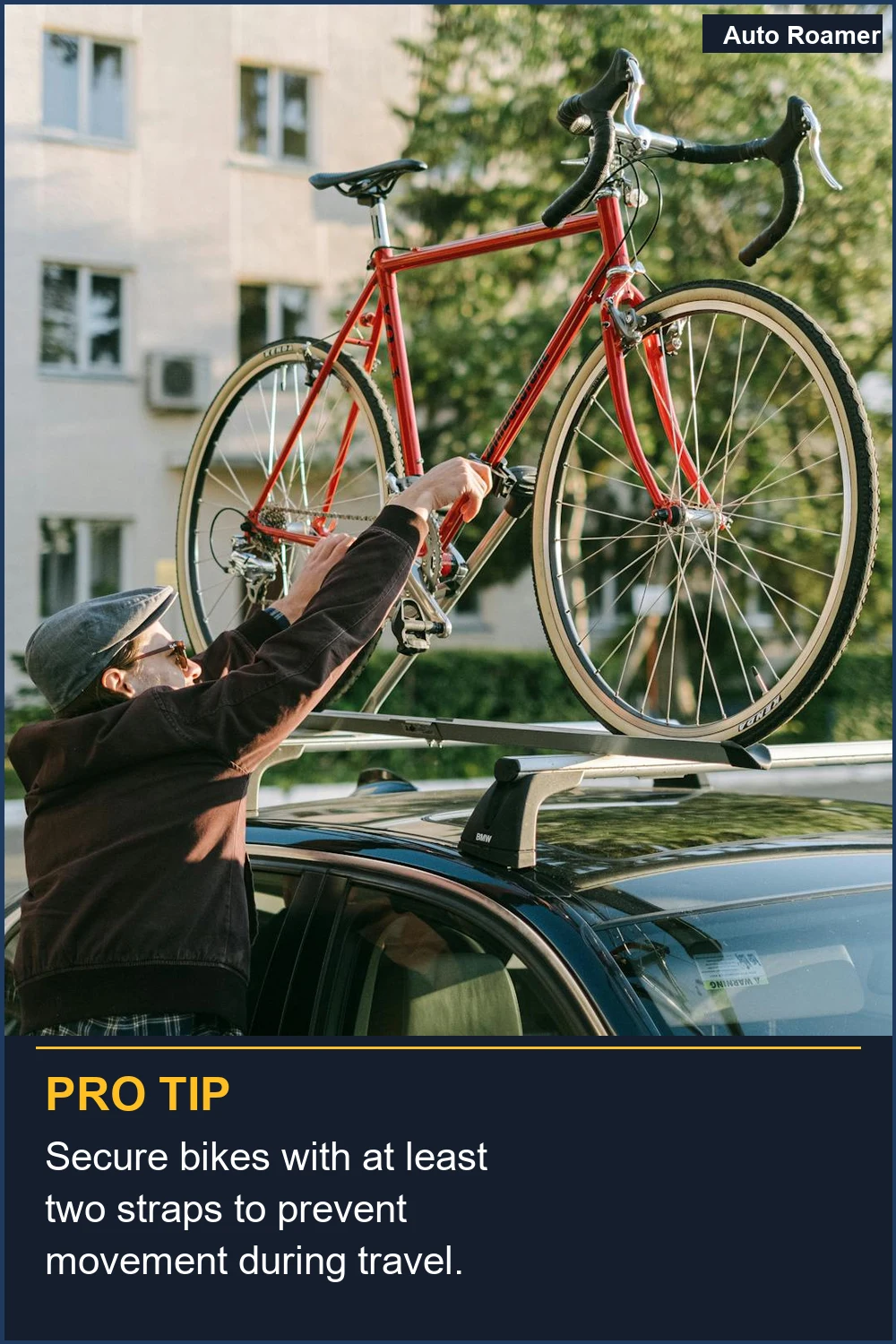 Secure bikes with at least two straps to prevent movement during travel.