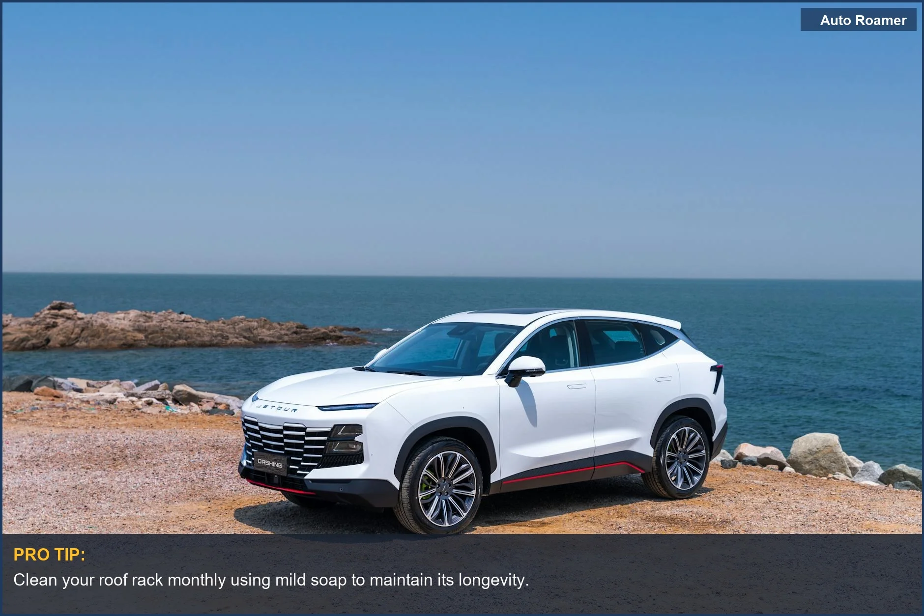 Elegant white SUV parked by the sea on a sunny day, ideal for coastal adventures with a roof rack.