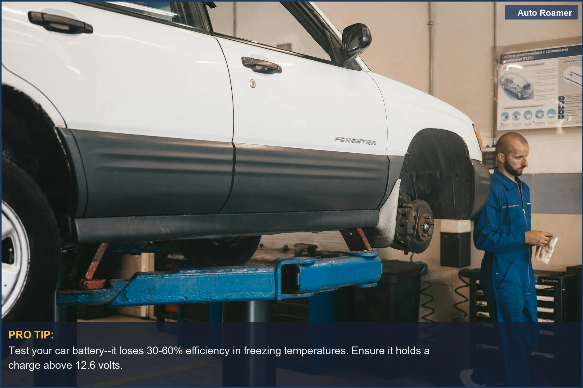 An auto mechanic evaluates a car on a lift in a workshop, essential for winterizing your car for cold weather.