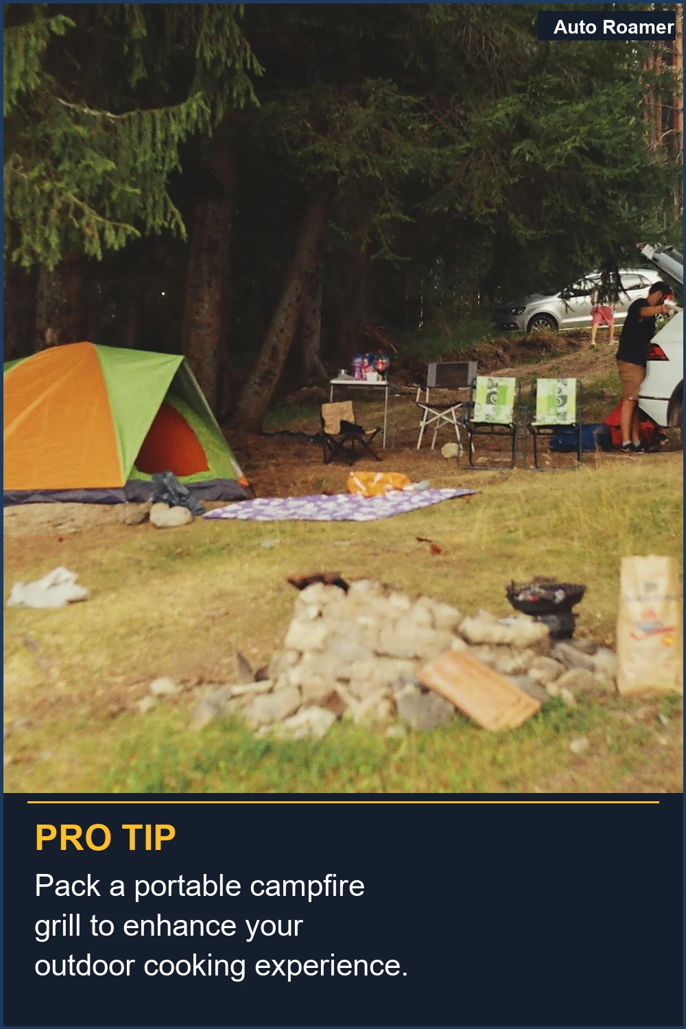 Pack a portable campfire grill to enhance your outdoor cooking experience.