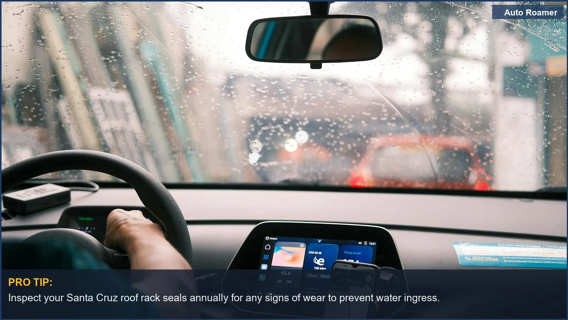 Interior view of a Hyundai Santa Cruz during a rainy drive, dashboard and windshield in focus, illustrating a wet weather experience.