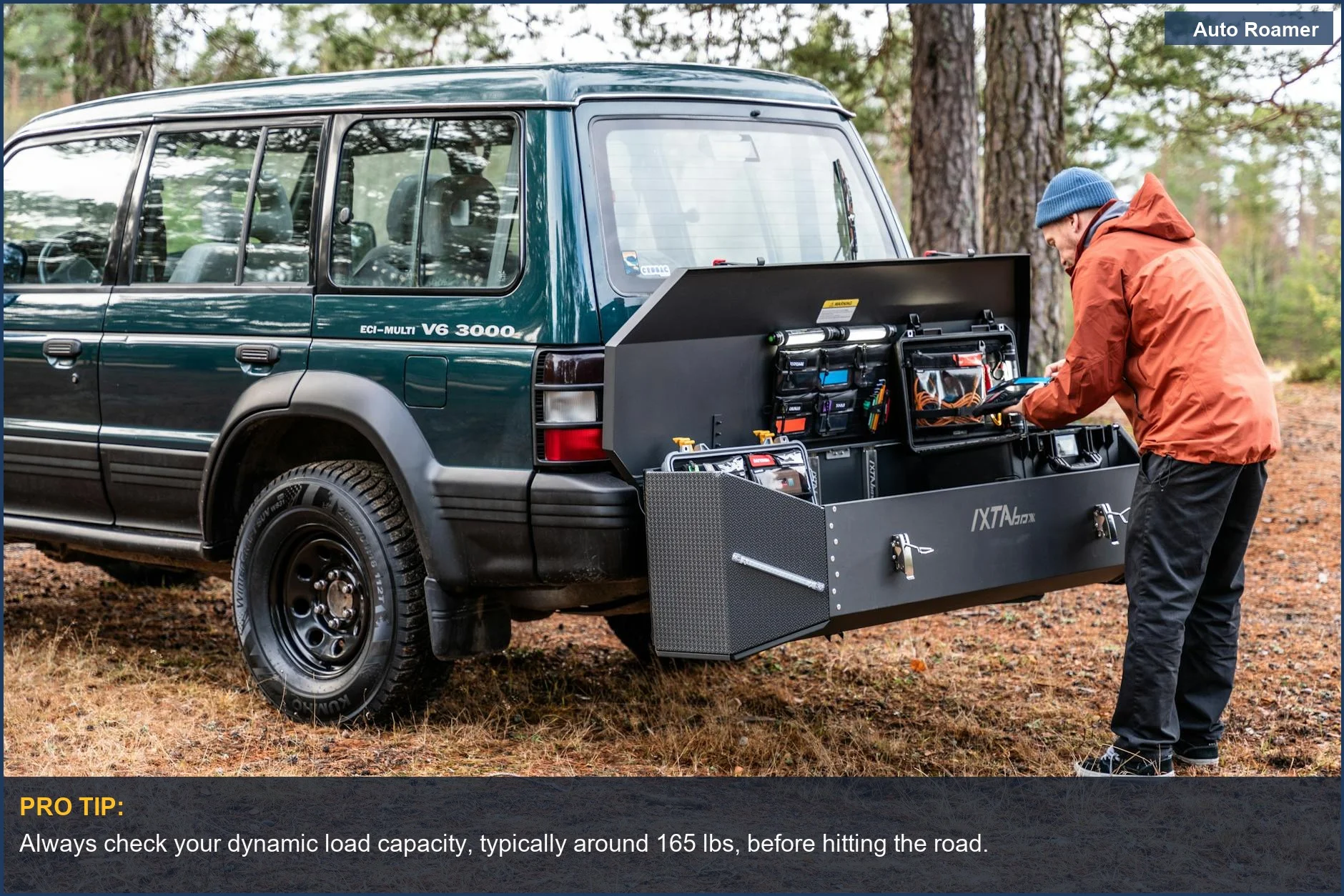 Hyundai Santa Cruz with roof rack loaded for adventure, highlighting its cargo capacity and dynamic weight limit.