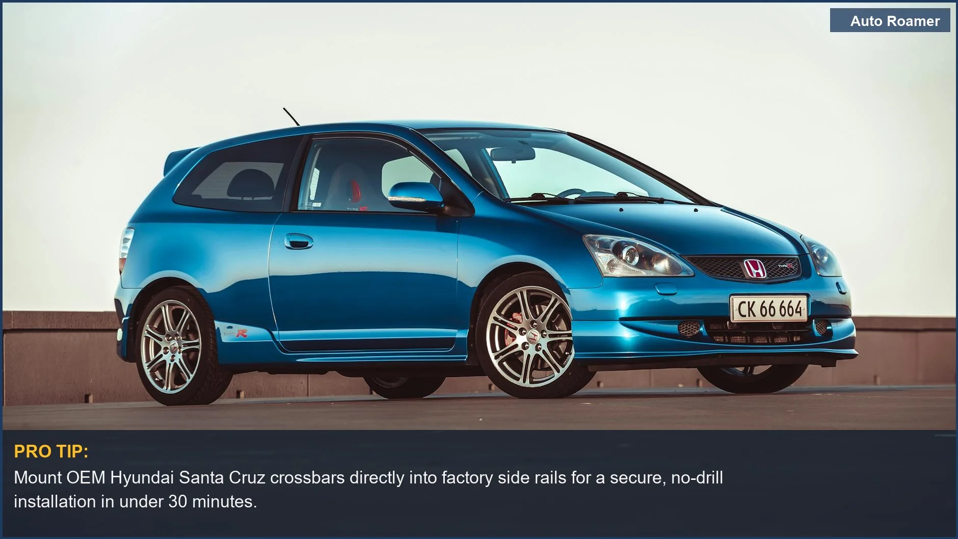 Blue Hyundai Santa Cruz crossbars installed on a sleek vehicle, ideal for outdoor enthusiasts.