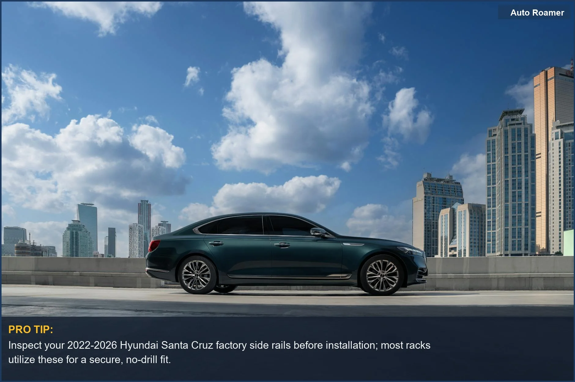 Elegant sedan parked on a rooftop, illustrating the importance of factory side rails for Santa Cruz roof racks.