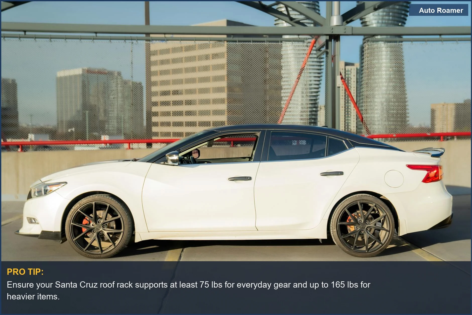 White Hyundai Santa Cruz roof rack on a car with a city skyline view, showcasing urban utility.