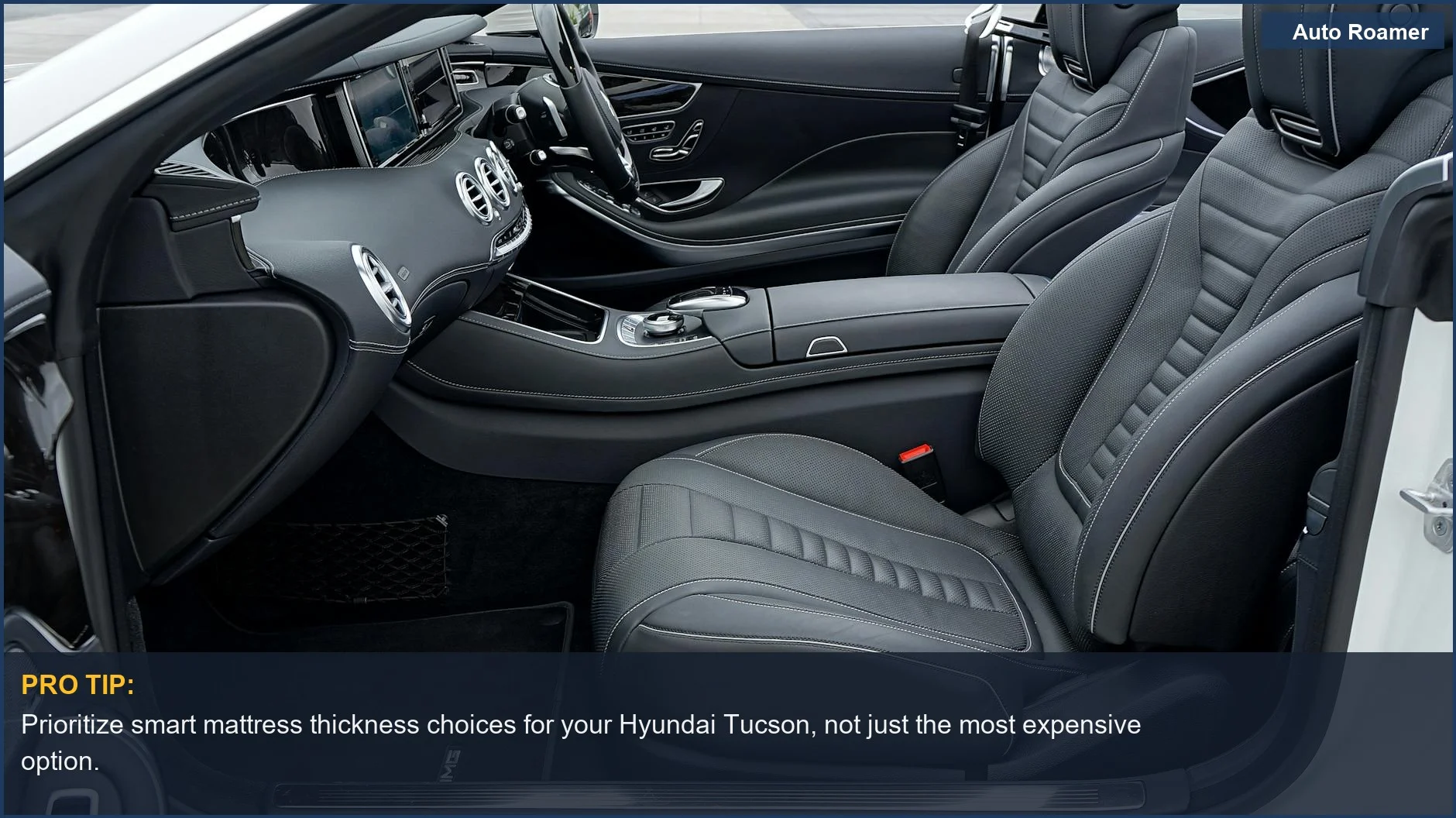 Premium leather seats and modern controls in a sleek car interior for camping.
