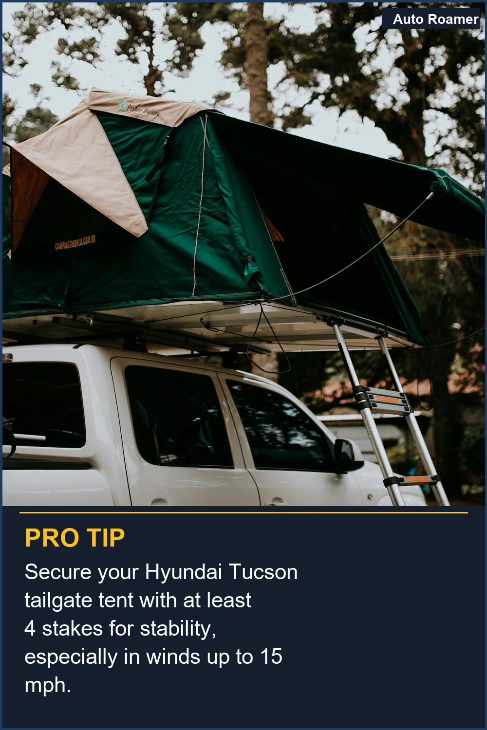 Secure your Hyundai Tucson tailgate tent with at least 4 stakes for stability, especially in winds up to 15 mph.