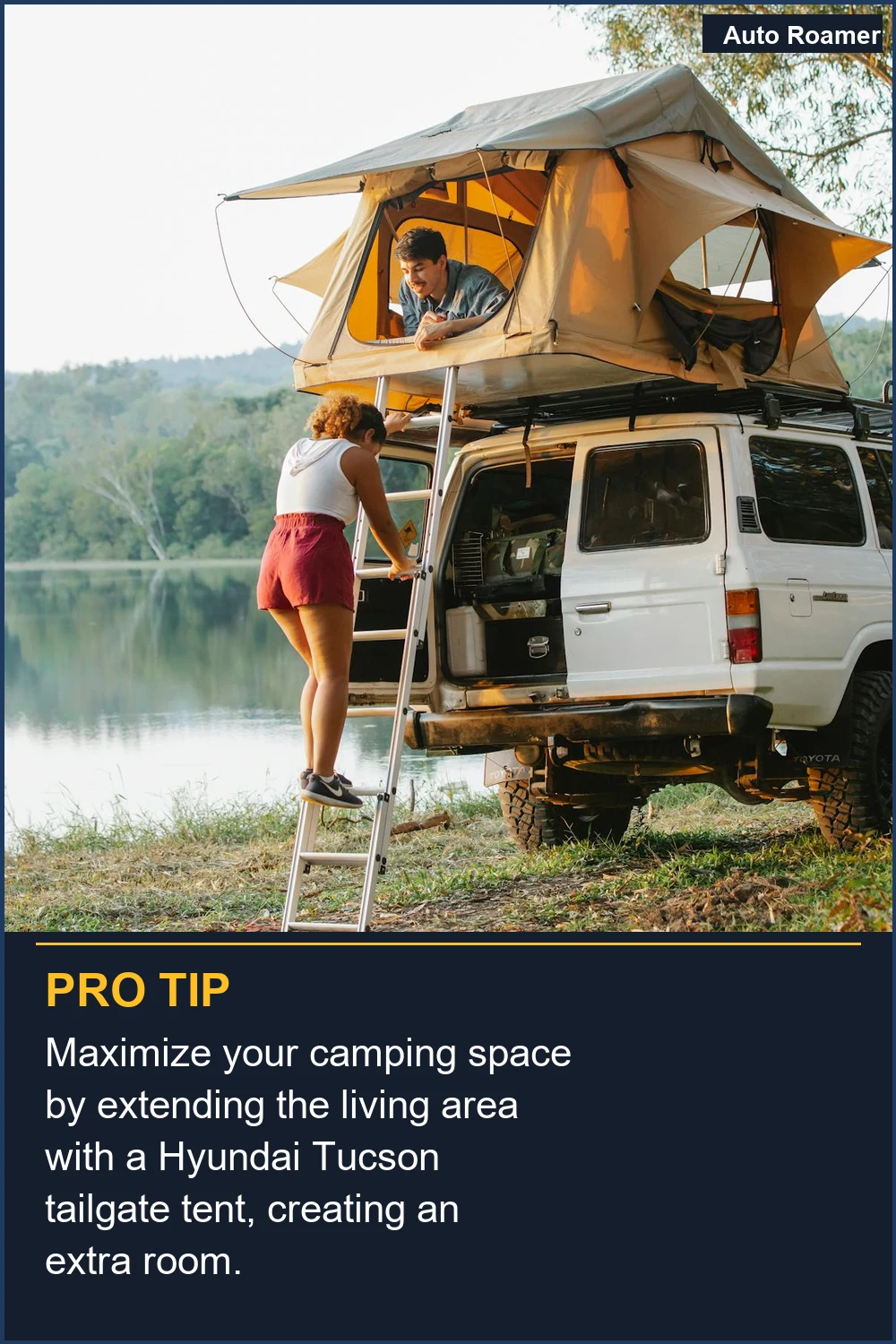 Maximize your camping space by extending the living area with a Hyundai Tucson tailgate tent, creating an extra room.