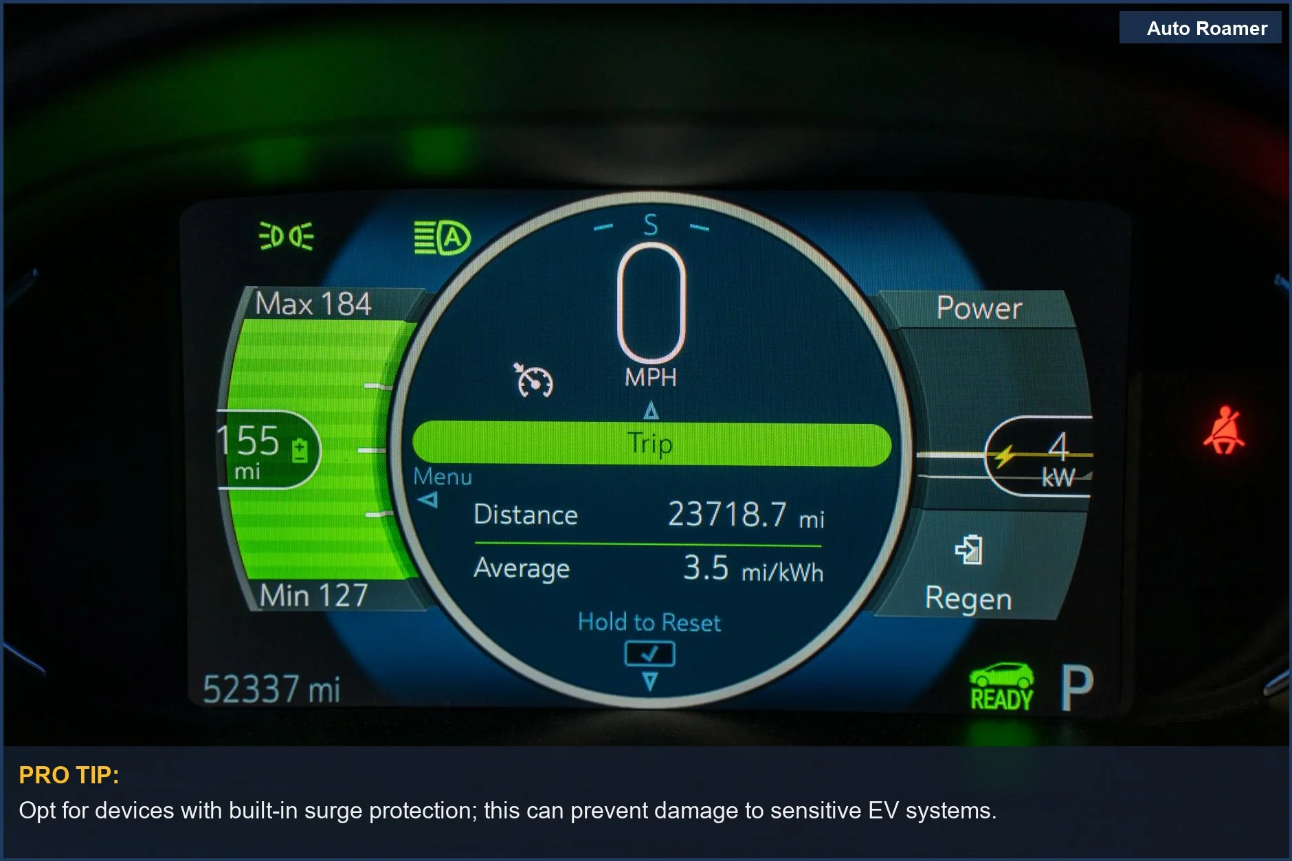 Electric vehicle dashboard showing speed, battery range, and power metrics, influencing warranty and resale value.