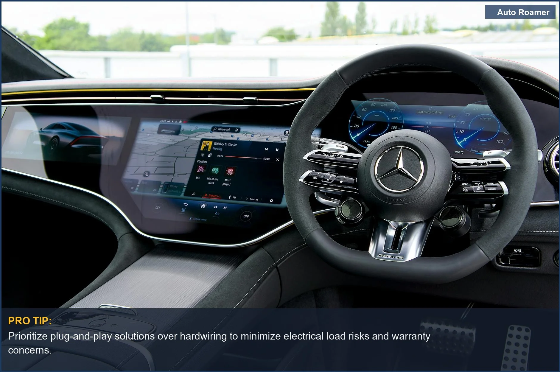 High-tech car dashboard with digital display and sleek steering wheel shows aftermarket tech's warranty impact.