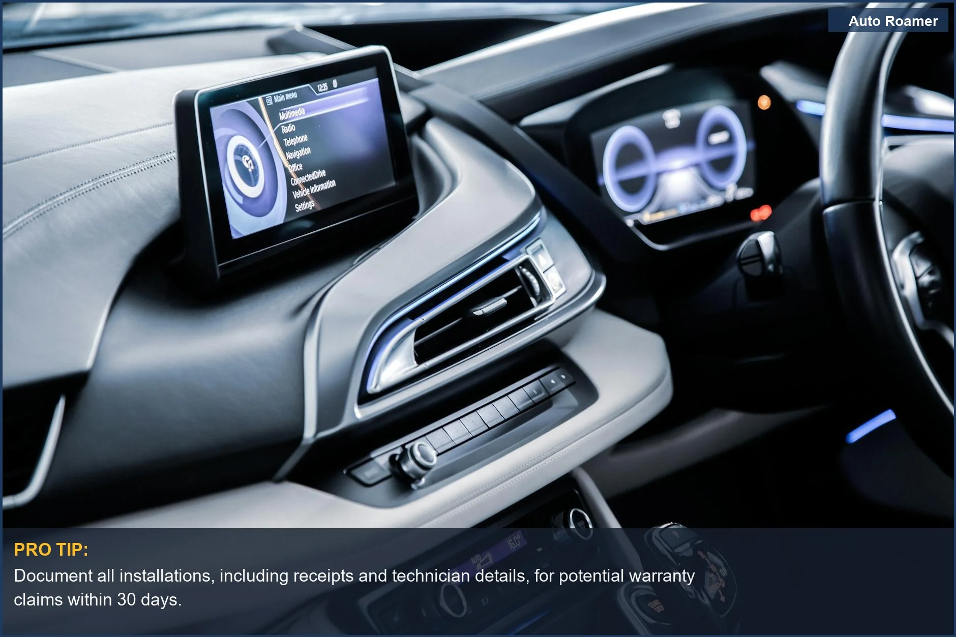 Luxury car interior with advanced dashboard technology and sleek design, affecting vehicle warranty and resale.